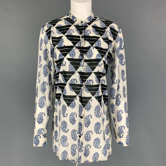 DRIES VAN NOTEN Tops - DRIES VAN NOTEN Blue White Black Cotton Nehru Collar Blouse